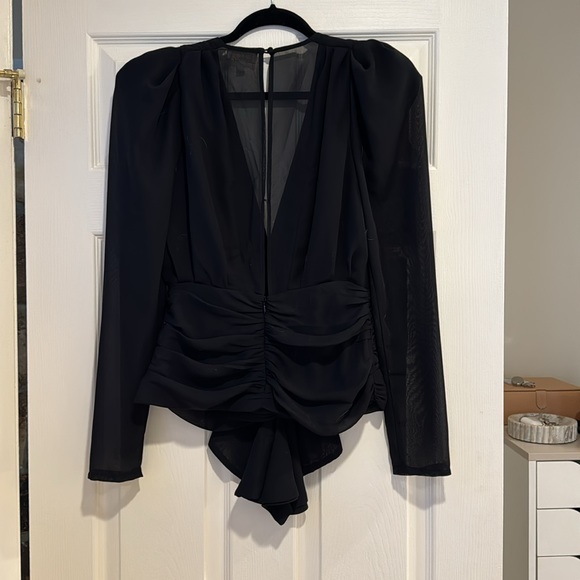 Ronny Kobo Trina Crystal Black Chiffon Plunge V-Neck Puff Sleeve Top Size M - Picture 6 of 6